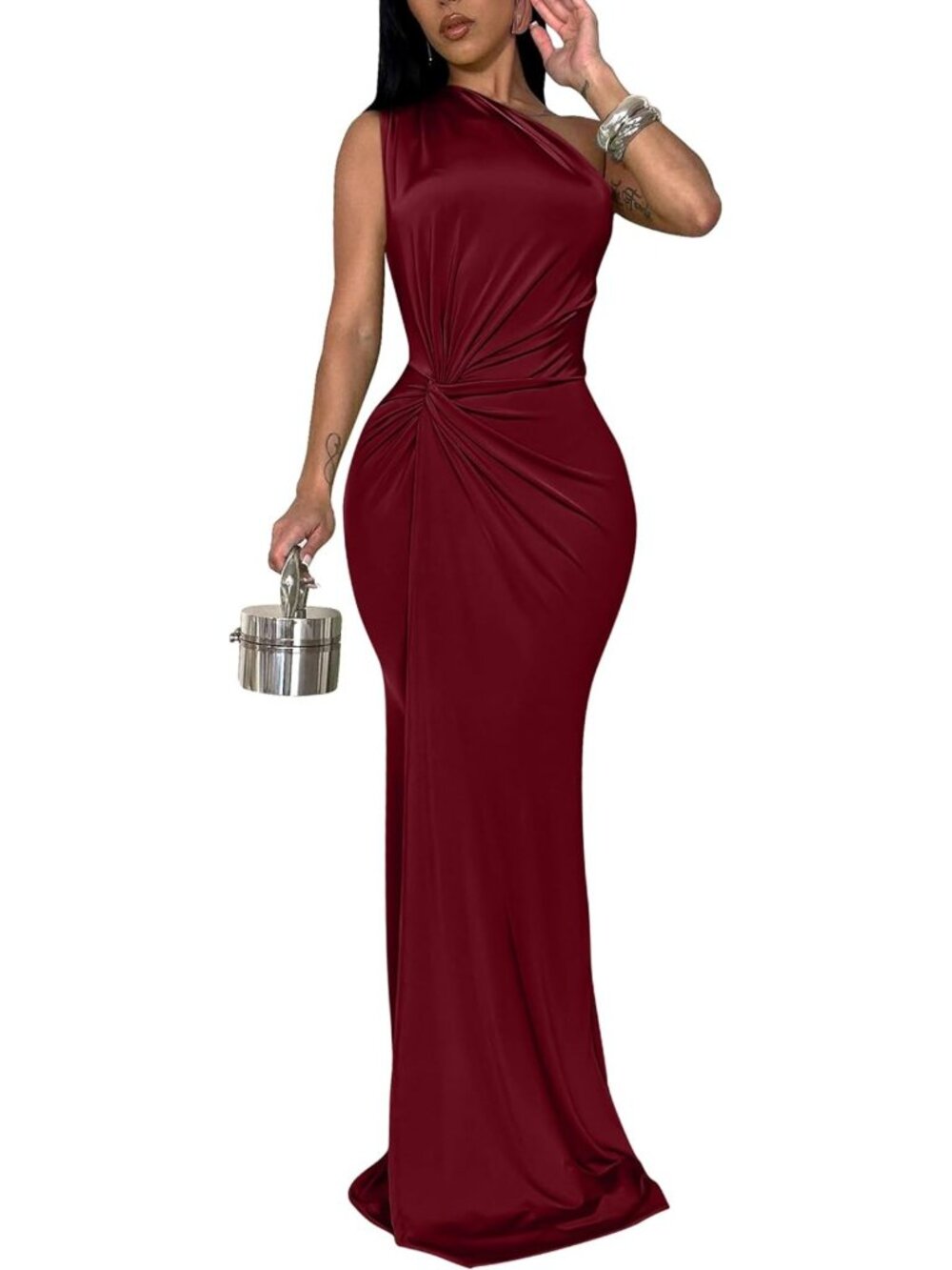 Burgundy One Shoulder Twist Waist Long Formal Evening Prom Party Gown Sz M-L